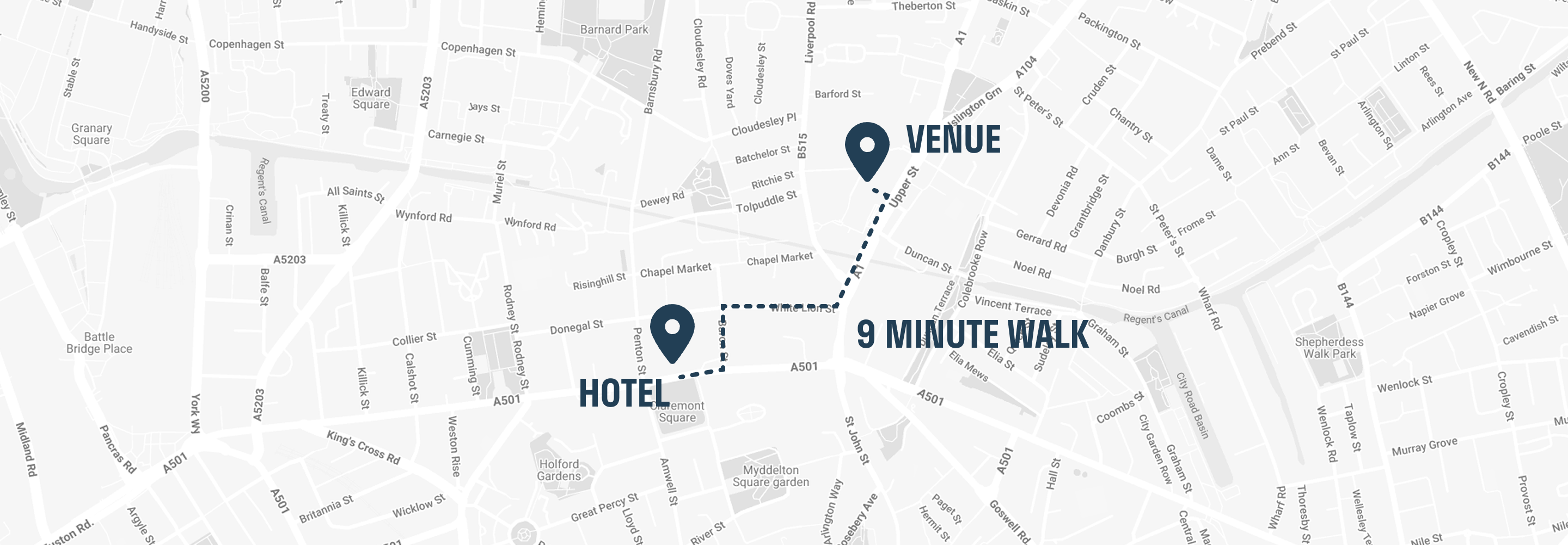 a black and white map of London with a dotted line connecting the hotel and venue showing that it is a 9 minute walk between them